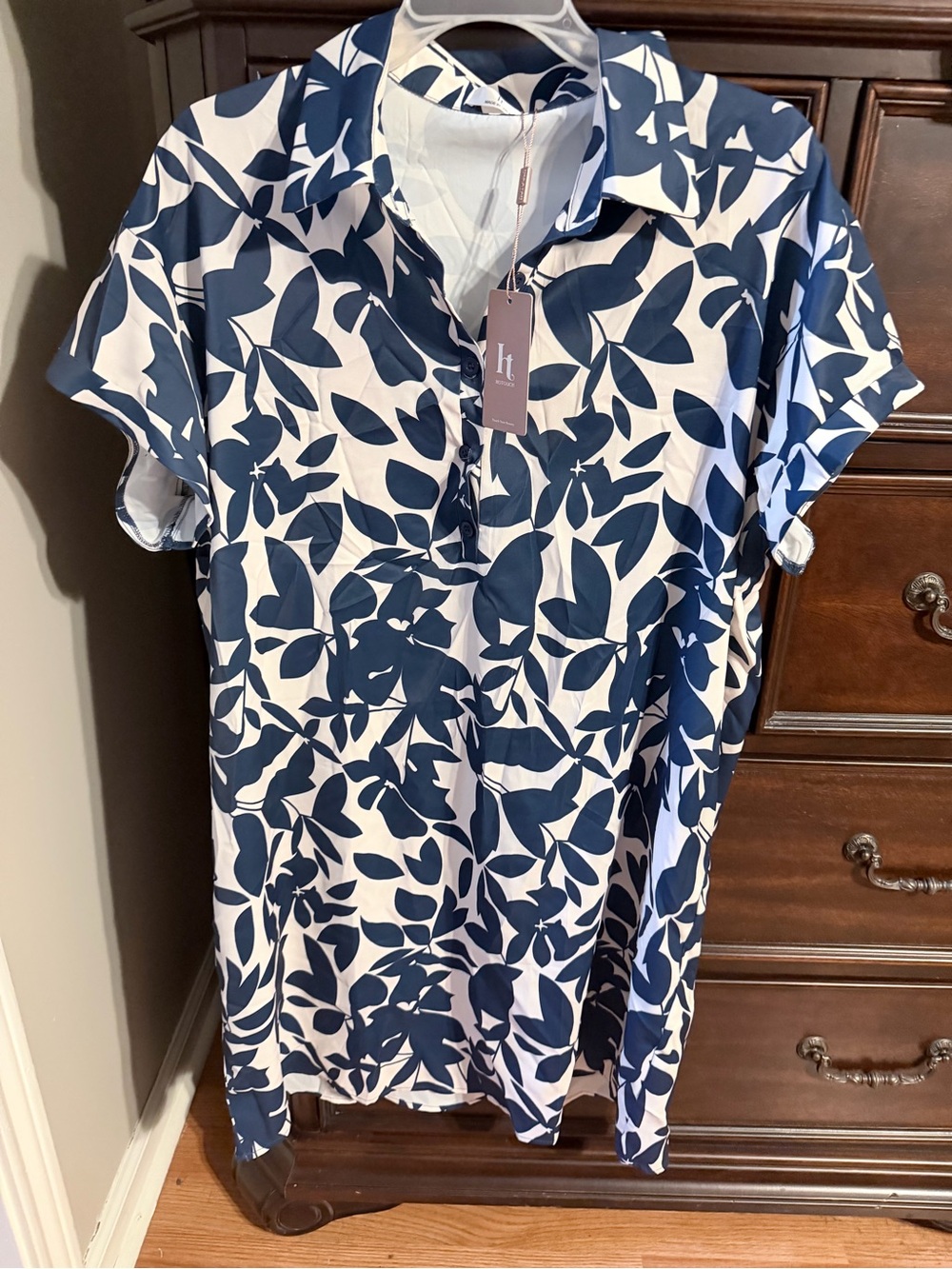 Navy & White Leaf Print Polo Shirt